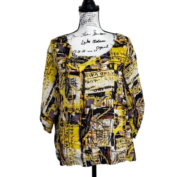 Luukaa Women's Size 14 Top 100% Linen Abstract Yellow Black Print Art to Wear - Picture 1 of 7